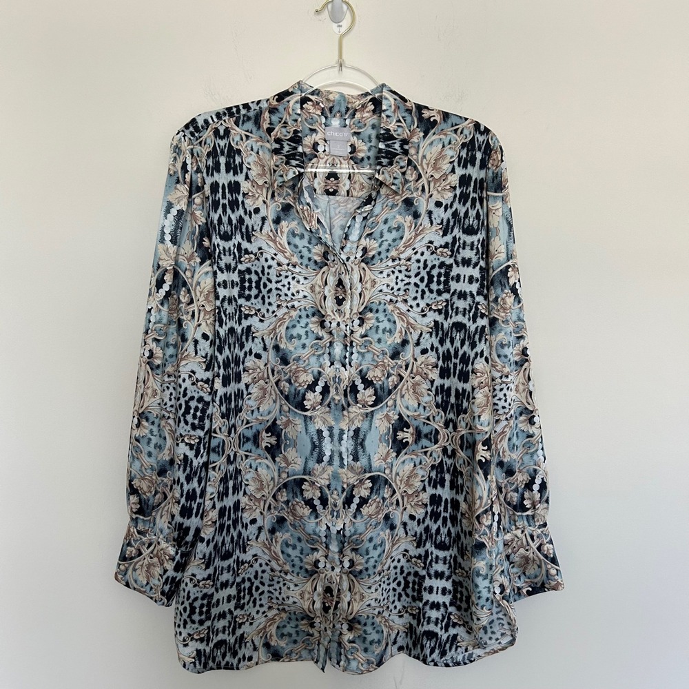Chico's Blouse Blue Tan Size 2 Animal Baroque Print Button Down Gold Button